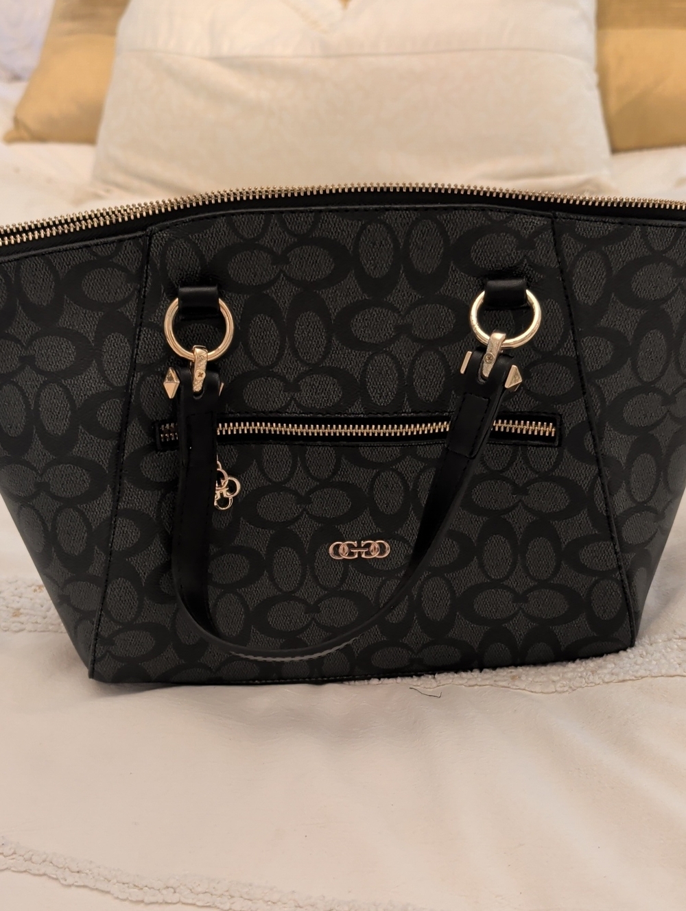 Black Signature Canvas Tote with Gold Hardware